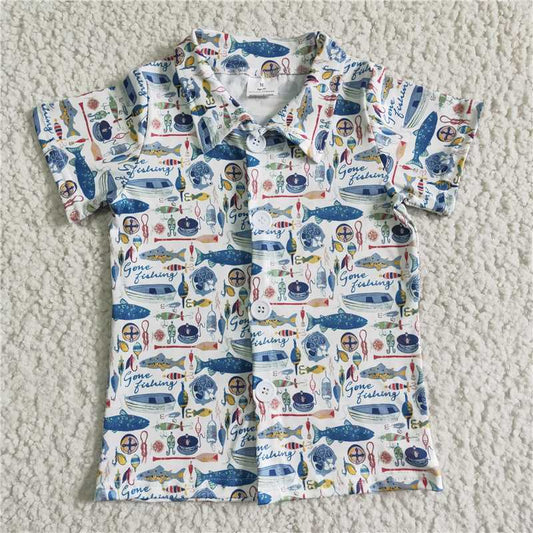 BT0010 boys Polo shirt Short Sleeve Top fish print summer clothibg milk silk