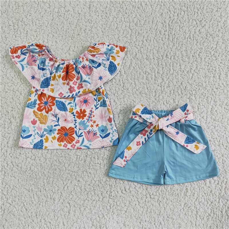 rts no moq GSSO0099 Girls Floral Off Shoulder Bow Blue Shorts Set