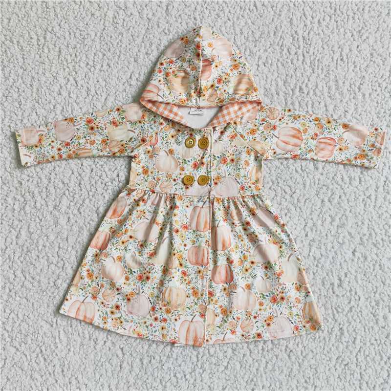 GT0008 baby halloween clothing long sleeve pumpkin print kids dresses for girls with a hat milk silk