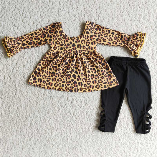 Leopard print long sleeve top and Pants bow girl's outfit