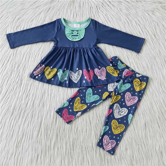 Valentine's Day blue long sleeve top and Pants bow girl's outfit