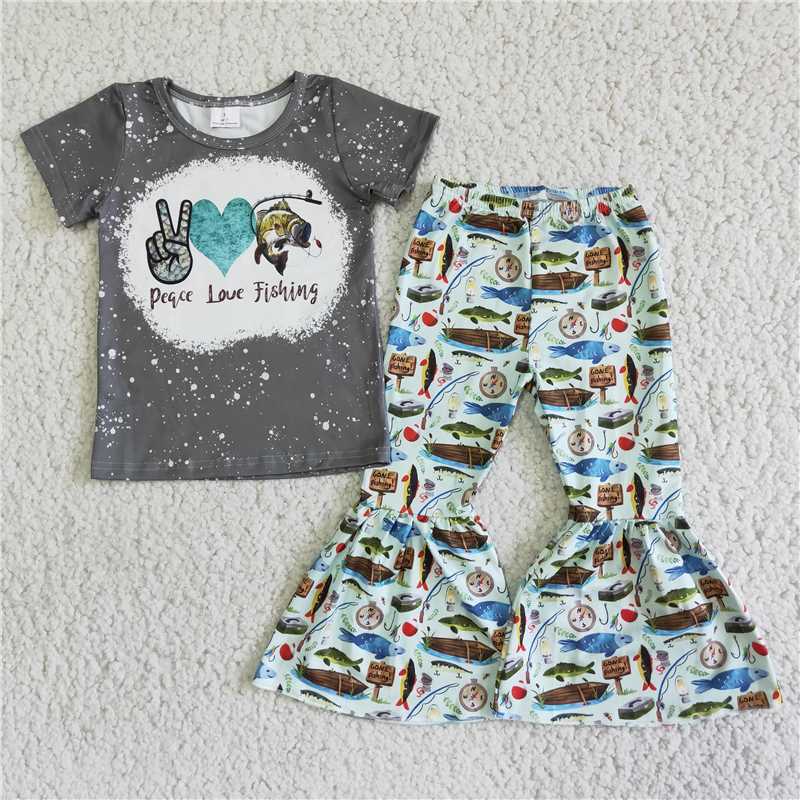 peace love fishing pattern long pants set