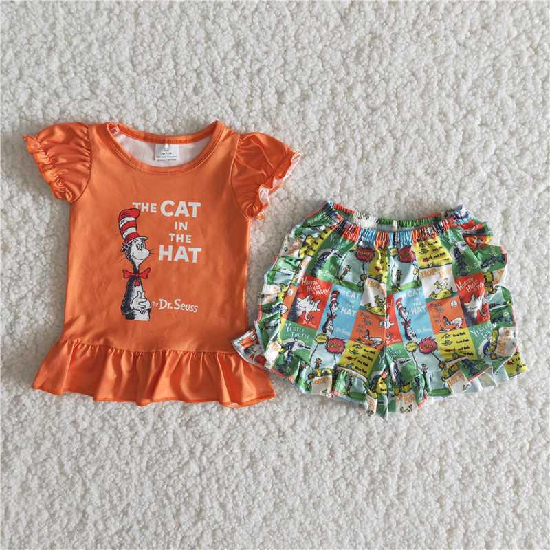 seuss orange short-sleeved top printed shorts suit