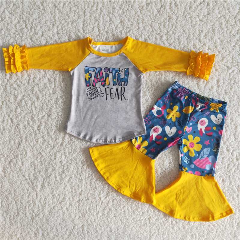 yellow long sleeve top and Pants bow girl's outfit