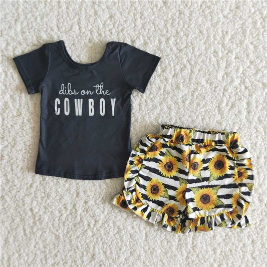 Girls cow boy black short-sleeved top sunflower shorts suit