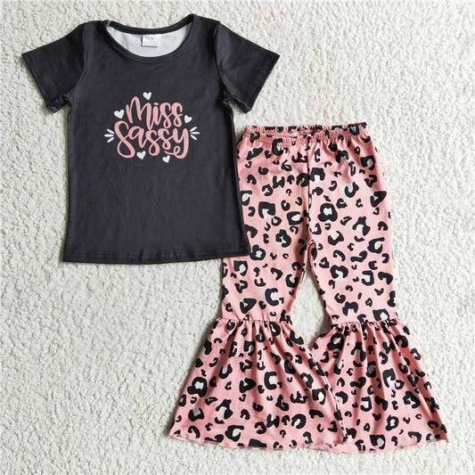B14-14 Kids Clothing Girls Short Sleeve Top And Long Pants Leopard Print