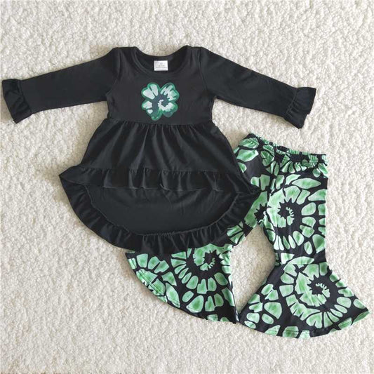 black dress top leaves pattern girl set