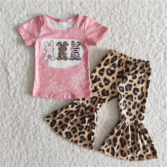 Easter Bunny Short Sleeve Leopard Print Flared Pants Set