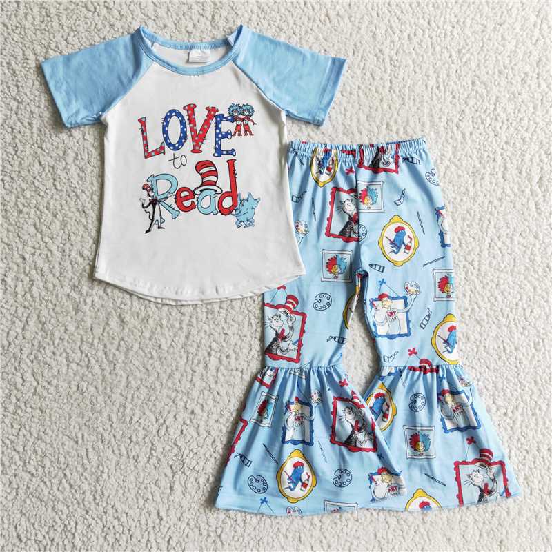 B12-14 Kids Clothing Girls Short Sleeve Top And Long Pants Cartoon Print