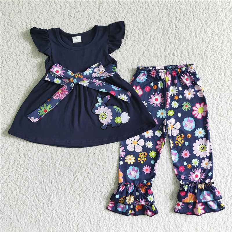 B10-15 girls easter flying sleeve long pants outfit rabbit print