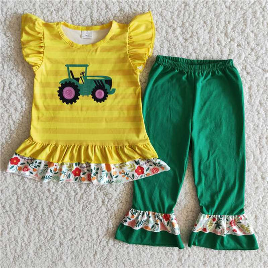 yellow striped truck pattern long pants set