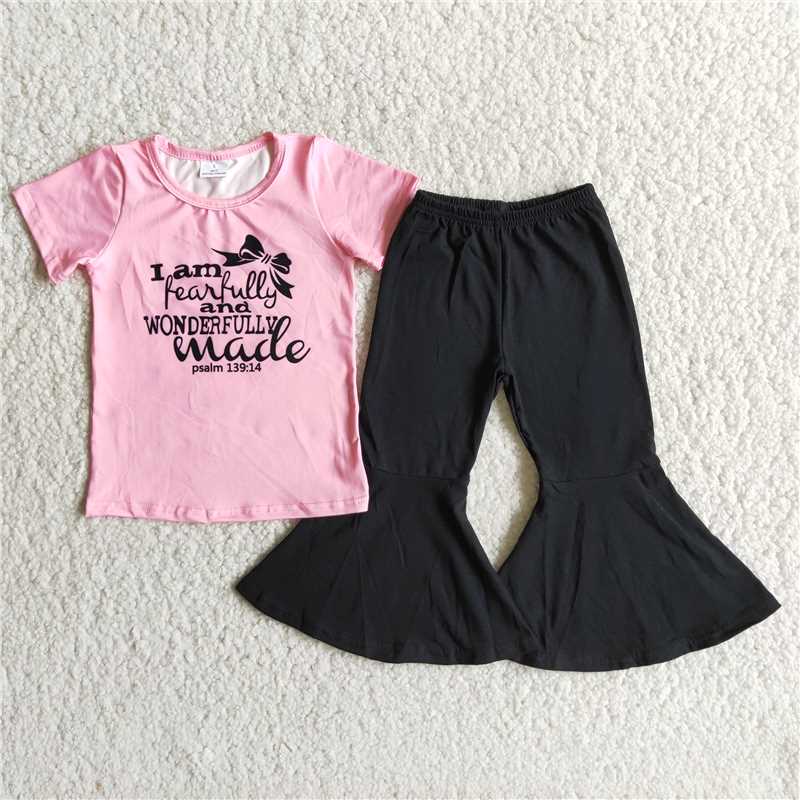 rts no moq B8-15 Pink Short Sleeve Alphabet Black Flared Pants Set