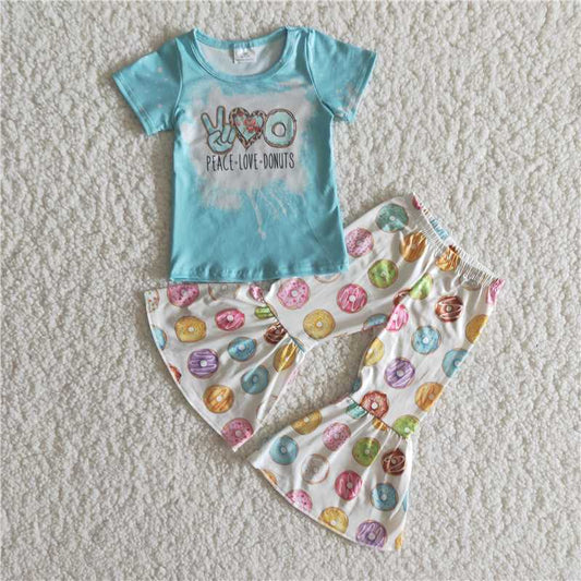 A14-4 Kids Clothing Girls Blue Short Sleeve Top With Pants Donut Print