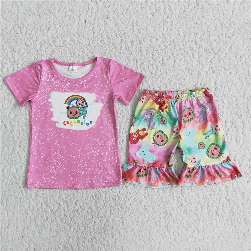 RTS NO MOQ（In Stock ) D11-17 girls cartoon print short sleeve top short pants