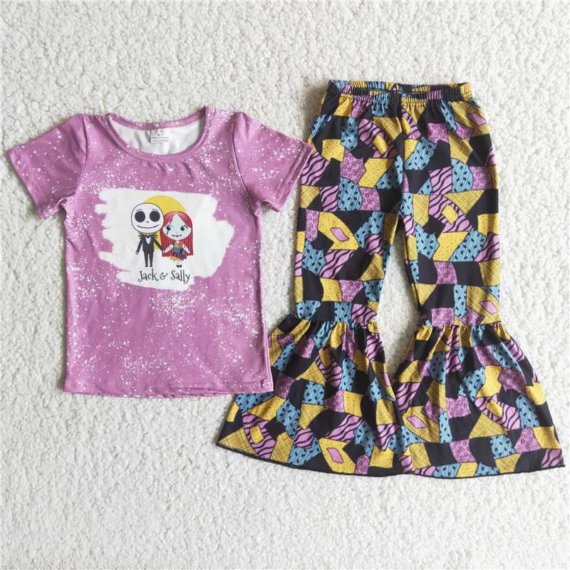 C9-13 Halloween Horror Night Short Sleeve Geometric Flared Pants Set