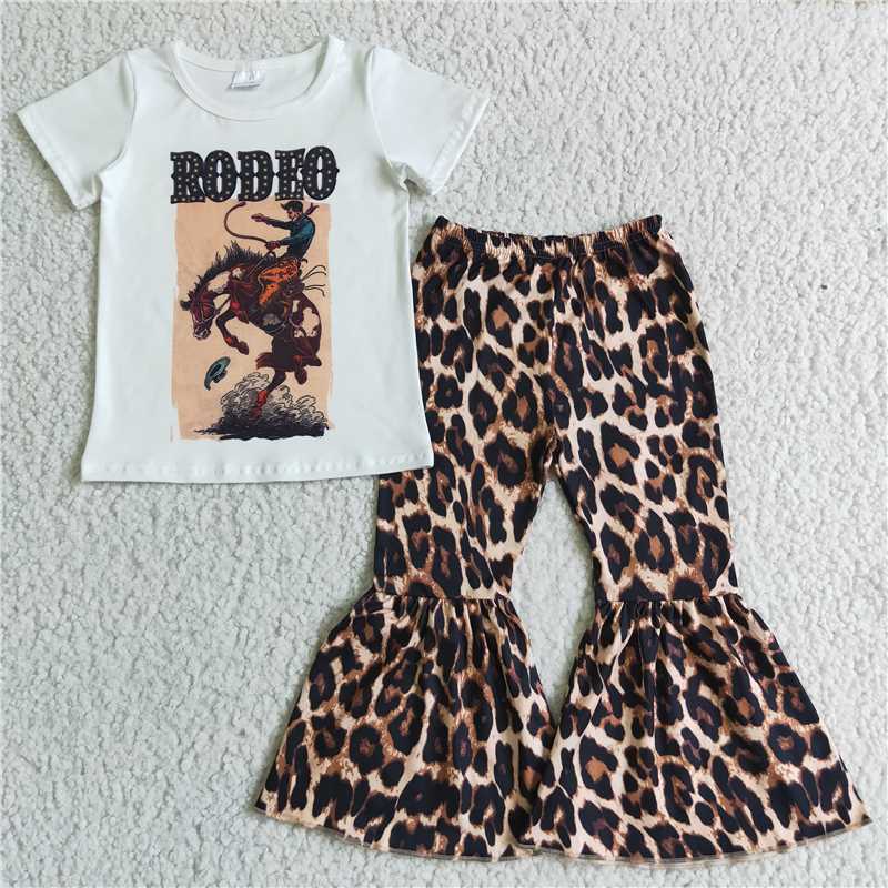 B8-13 Kids Clothing Girls Short Sleeve Top And Long Pants Leopard Print