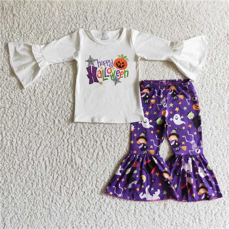 RTS NO MOQ（In Stock) 6 B9-22 girls Halloween outfit long sleeve and long pants pumpkin print