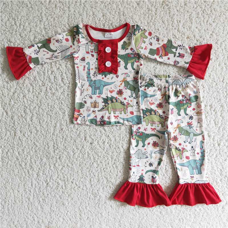 Girls Button Dinosaur Pajama Set