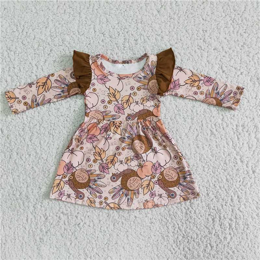 Thanksgiving brown turkey print flying long sleeve dress