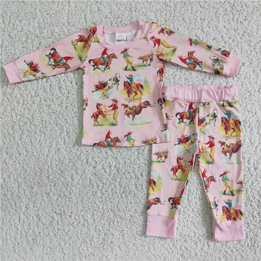 pink horses design long sleeve pants set