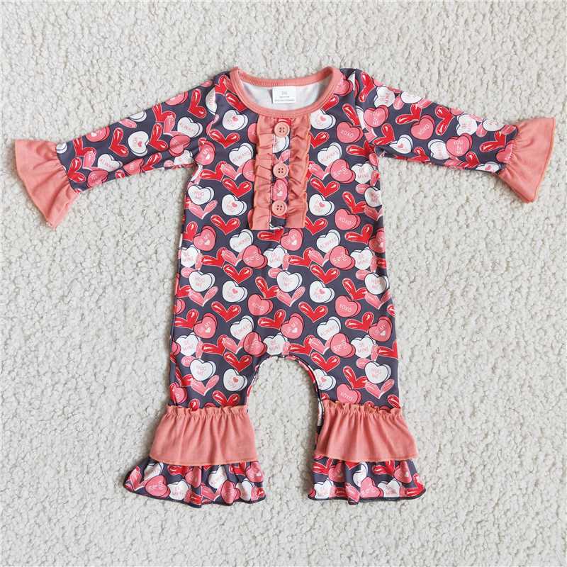 6 A7-10 baby Valentine's Day romper long sleeve long pants baby girls romper milk silk heart print