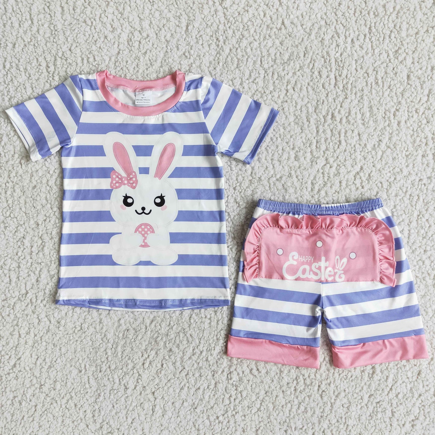 purple striped bunny pattern short sleeve pants set