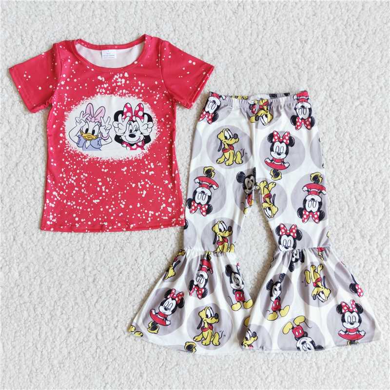 E7-20 Red Short Sleeve Top Cartoon Flared Pants Set