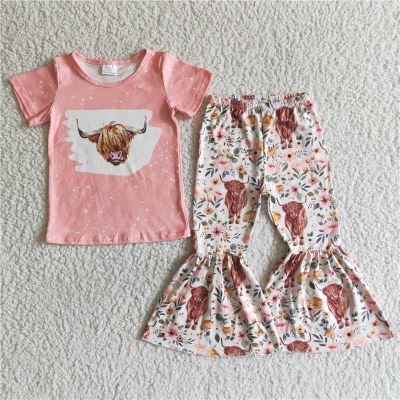 GSPO0030 Kids Clothing Girls Short Sleeve Top And Long Pants Cow Print