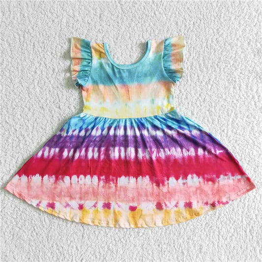 GSD0024 baby girls dress over knee colorful print clothes flying sleeve