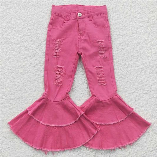 D14-14 Double Layer Rose Frayed Denim Flared Pants