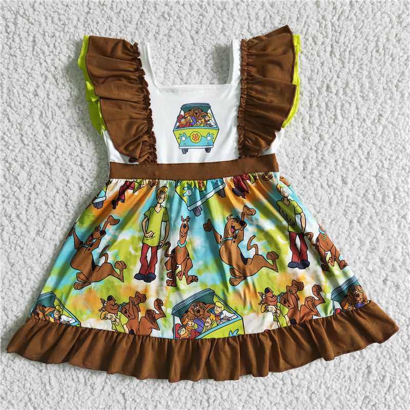 GSD0001 Ruffled Brown Flying Sleeve Car Dress