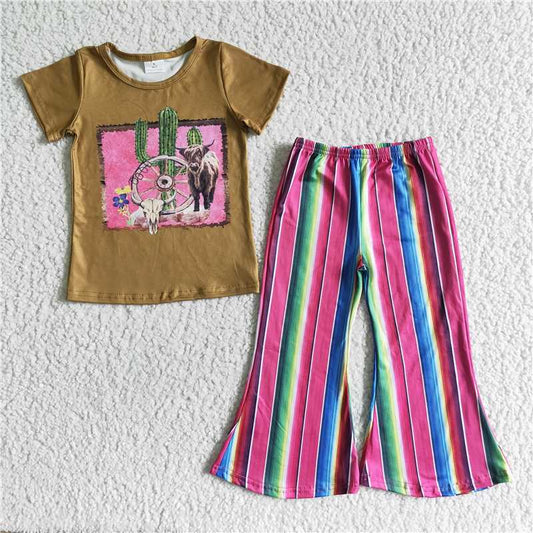 rts no moq GSPO0069  girls outfit short sleeve and long pants cow print