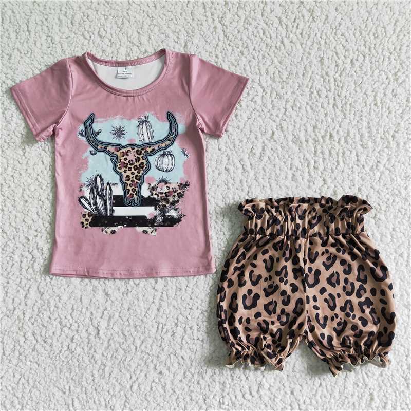 GSSO0089 Girls Clothing Short Sleeve Top with Leopard Print Flared Pants  Spring and fall