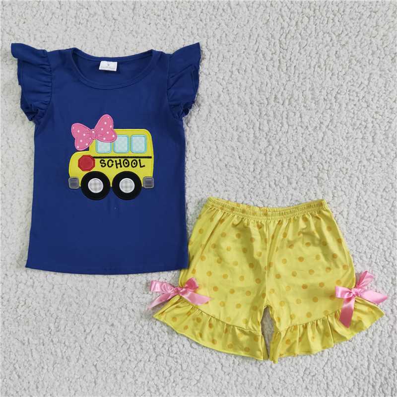 GSSO0091 Girls Embroidered Car Fly Sleeves Yellow Bow Shorts Set Back To School