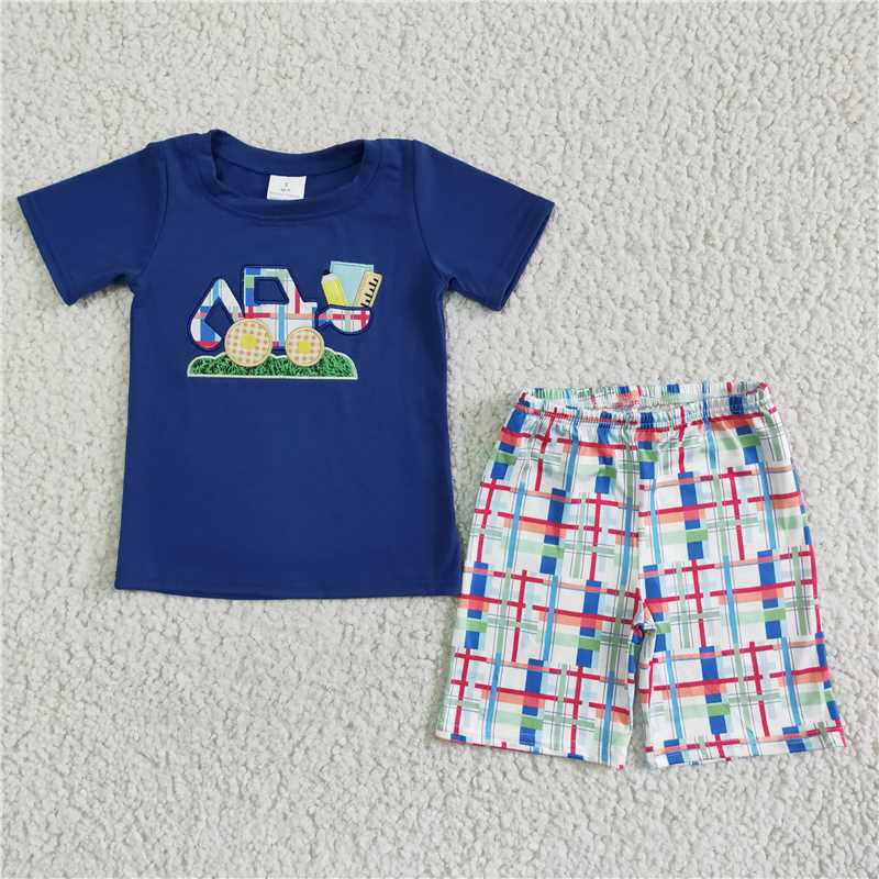 BSSO0051 Boys Embroidered Car Short Sleeve Colorful Shorts Set