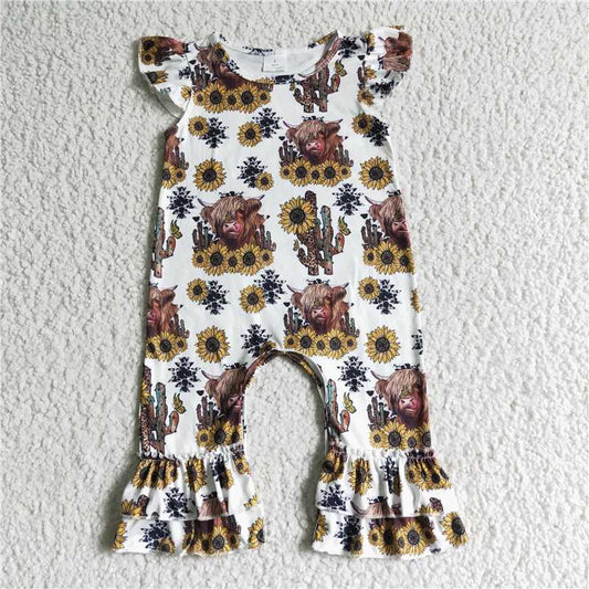 SR0048 Girls Alpine Cow Cactus Sunflower Flying Sleeve Onesie