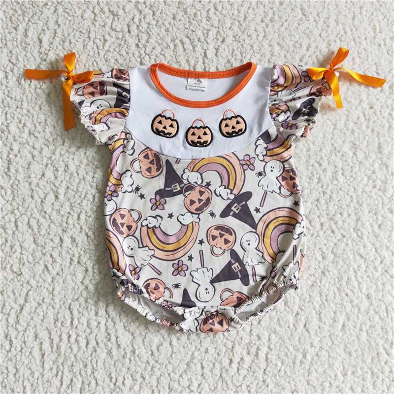 SR0086 baby halloween clothing pumpkin print short sleeve bodysuit milk silk baby romper