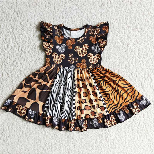 D8-30 baby girls Halloween dress over knee Leopard print clothes flying sleeve