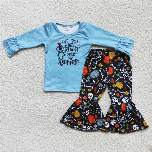 RTS NO MOQ（In Stock）6 A8-26 girls Halloween outfit long sleeve and long pants pumpkin print