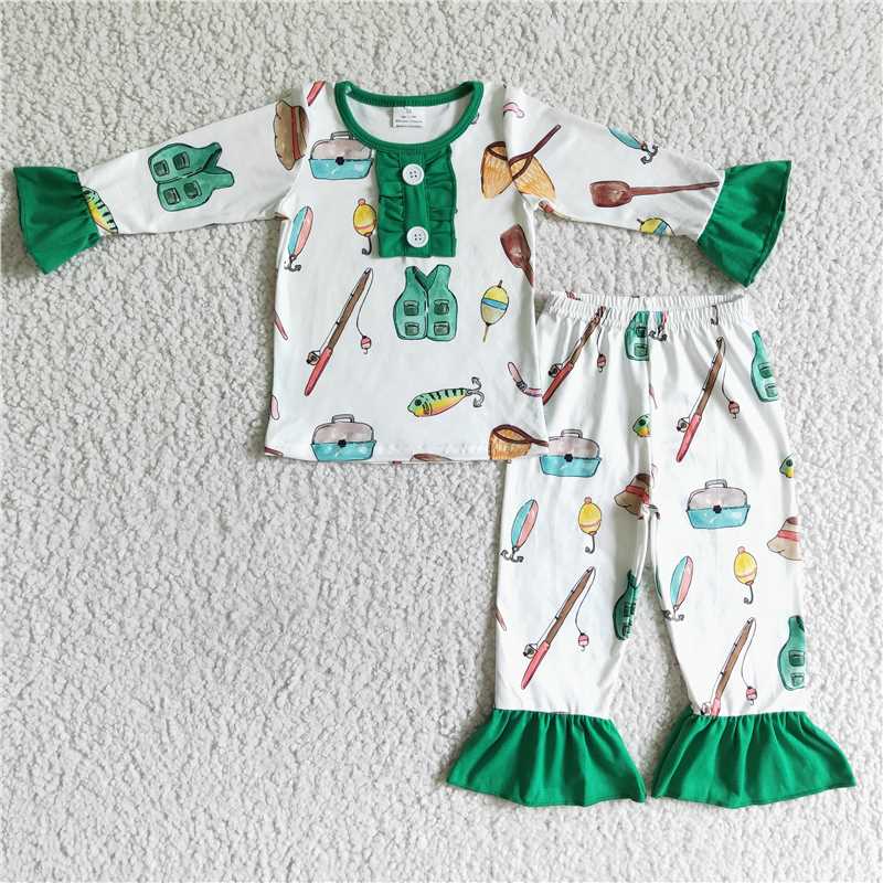 6 A3-11  girls fall long sleeve top long pants outfit children clothing set  fishing gear print