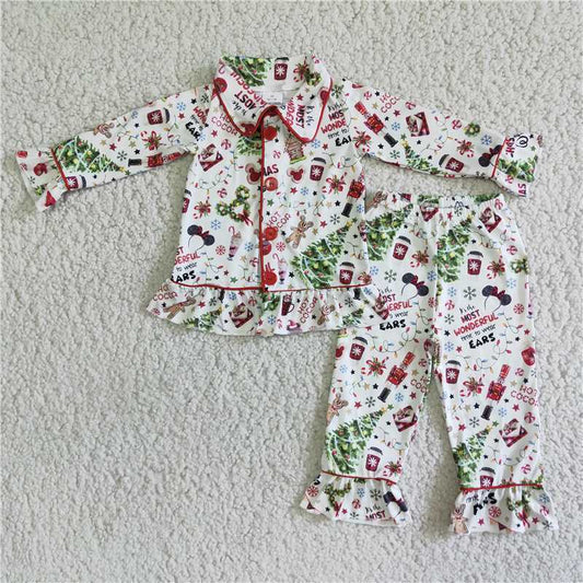 Girls Christmas Tree Christmas Button Long Sleeve Pants Set Pajamas