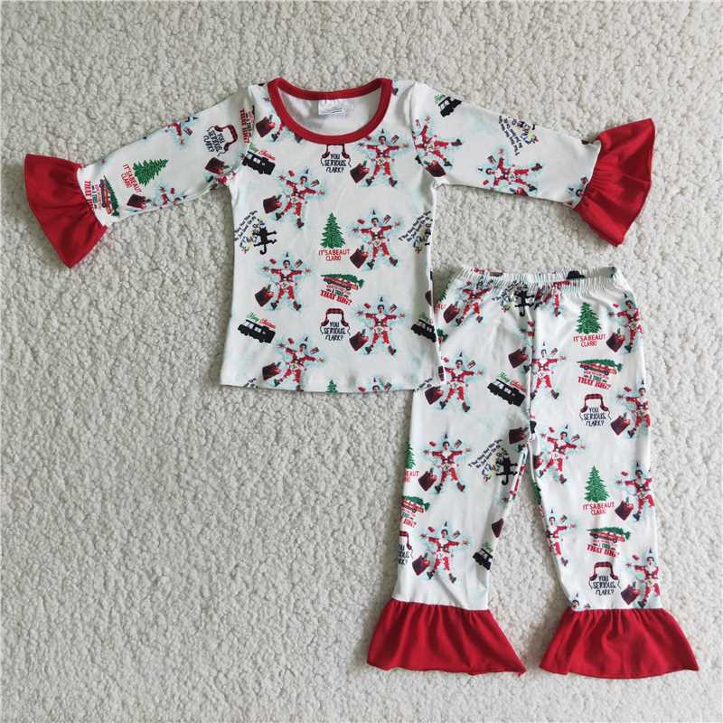 RTS NO MOQ（In Stock ) girls christmas outfits cartoon print pajamas long sleeve long pants