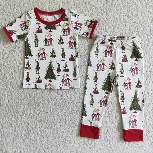 E2-2 Kids Christmas Clothing Boys Short Sleeve Top And Long Pants Pajamas Cartoon Print