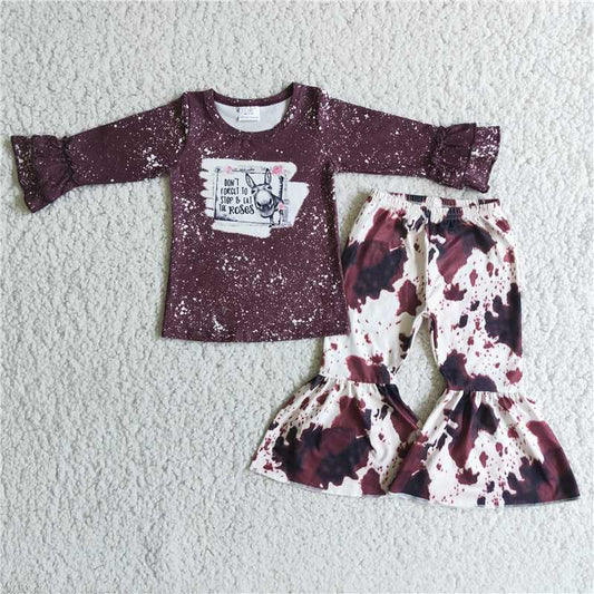 brown bleached cows set ink pattern girl outfits