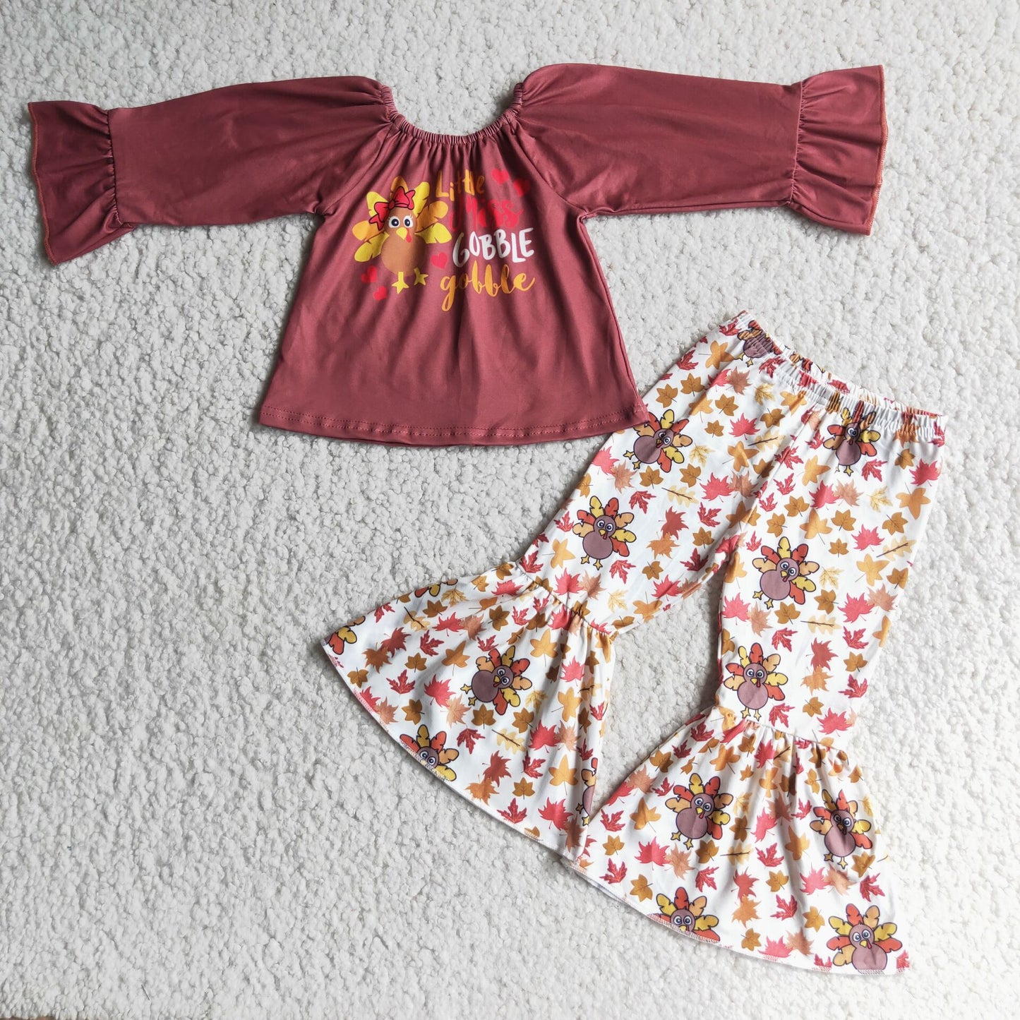 wine red Thanksgiving turkey print girl set