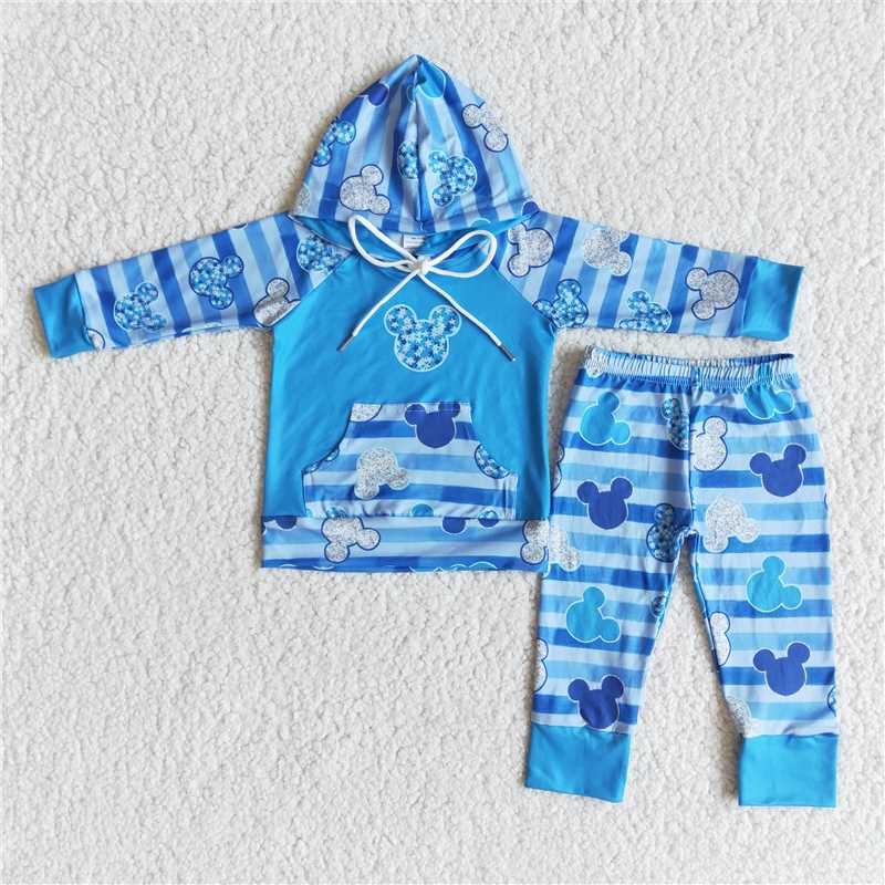 blue striped hoodie set with pocket design boy set