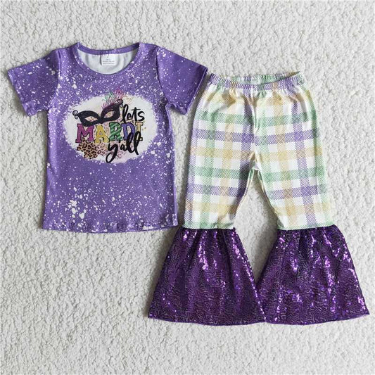 MARDI Purple Short-Sleeve Plaid Sequin Flare Pants