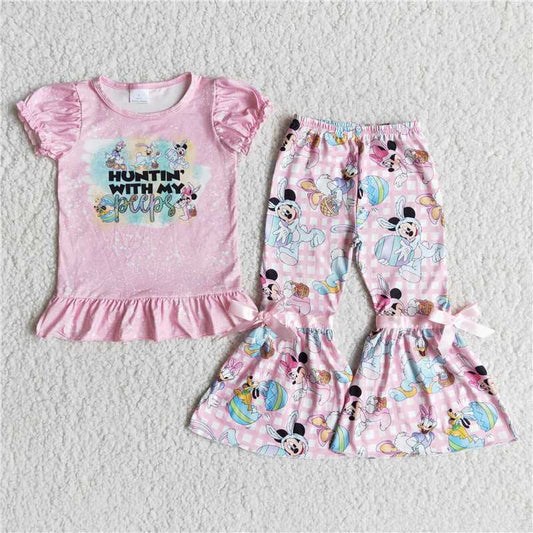 Peeps pink Short Sleeve Cartoon Plaid Flared Pants