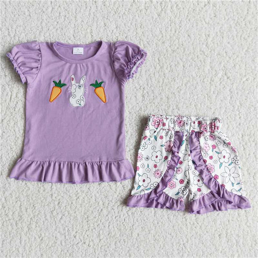 Embroidered Easter Bunny Purple Short Sleeve Shorts Set