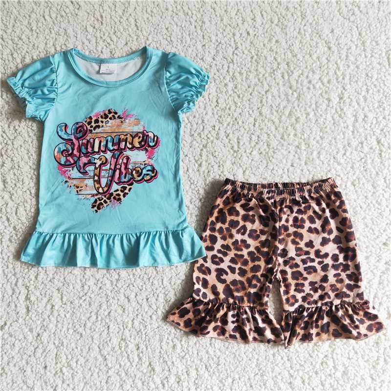 B12-30 English word blue top and leopard print shorts